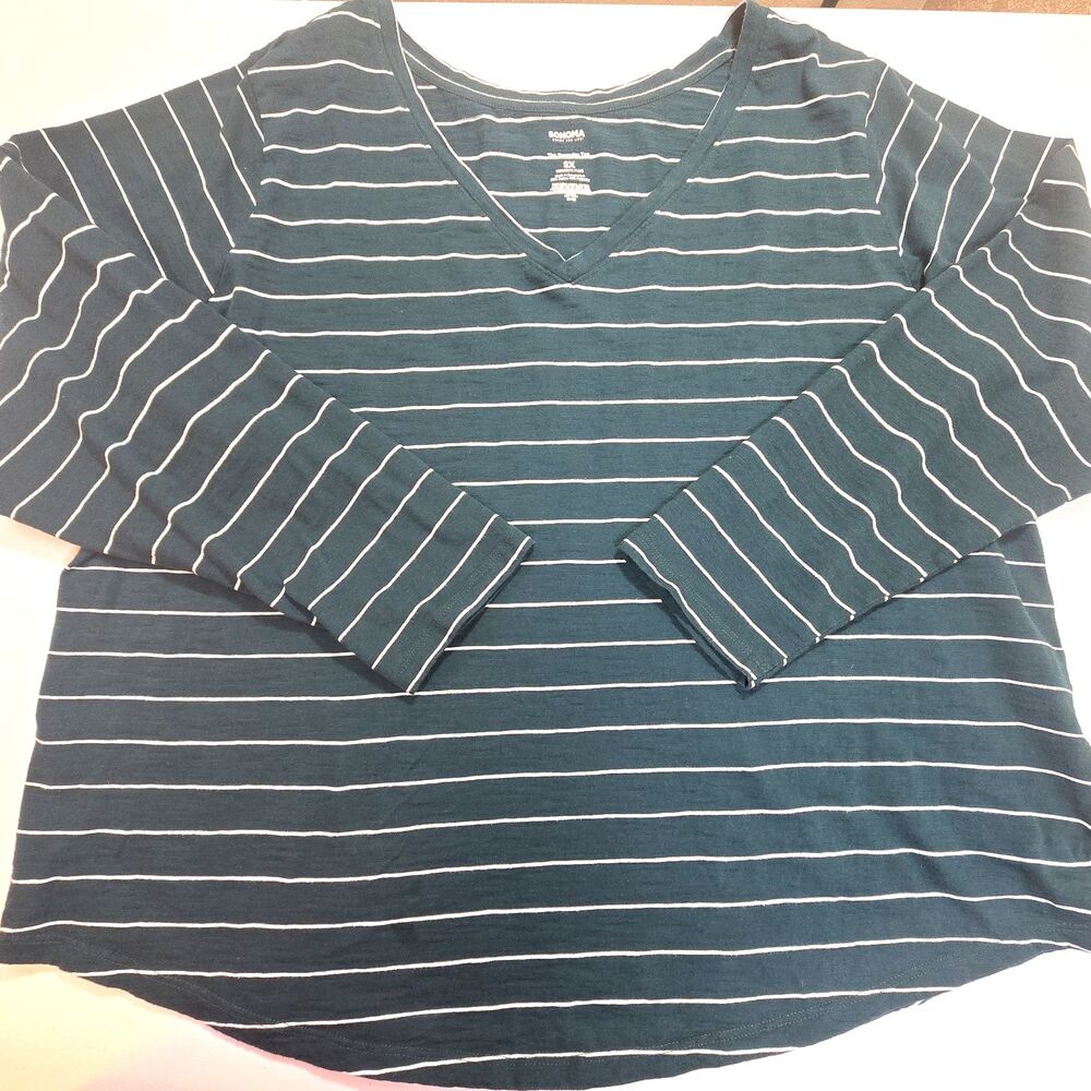 Sonoma WOMEN'S Sz. 2X THE EVERYDAY TEE Green/White Striped Long Sleeve Casual
